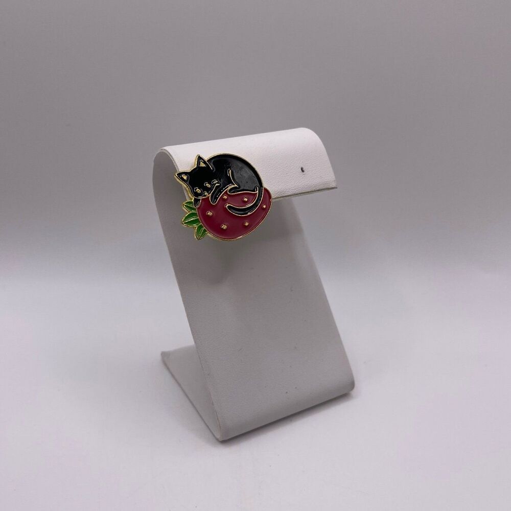 Amazon Gold Tone Black Cat on Strawberry Enamel Pin Brooch